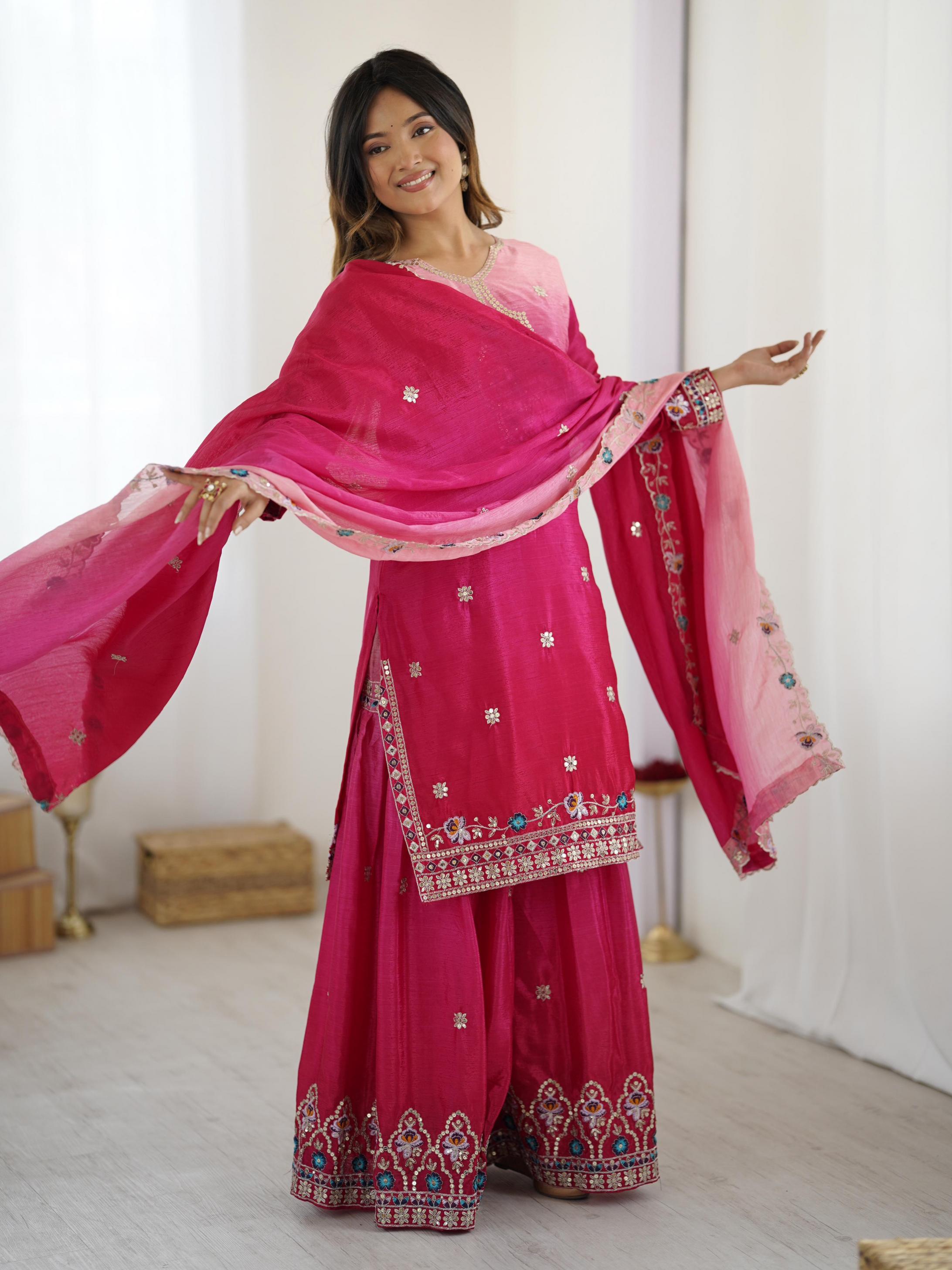 dvd 5121 chinon readymade sequence work combo kurti sharara with dupatta online